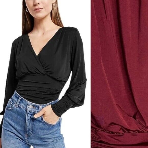 Express Tops - Express Silky V-Neck Ruched Top Burgundy Women’s Size Small